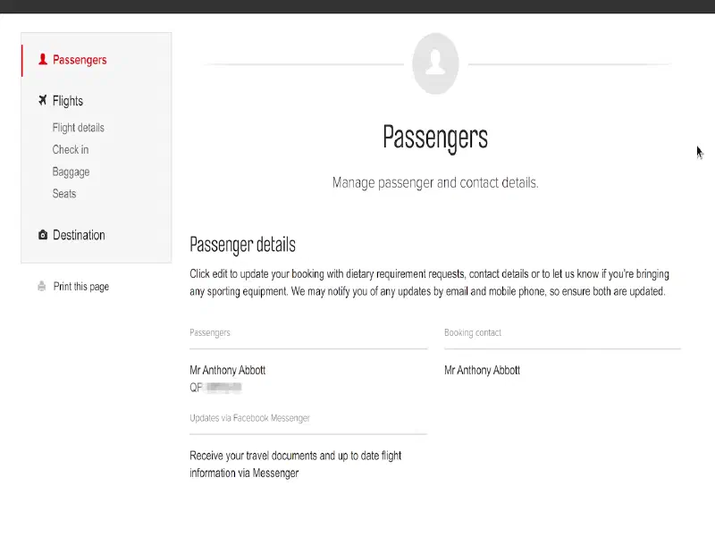 The logged in “manage booking page”